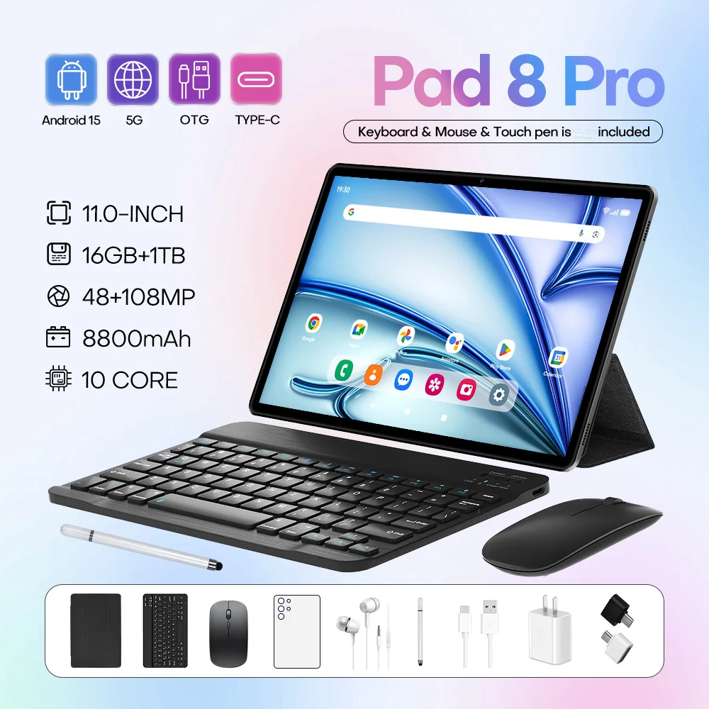 Android Tablet 11" PC 10 Core 16GB+1TB 48MP+108MP 5G Tablet PC 8800mAh Battery Smart Tablet Include Keyboard&Mouse&Pen