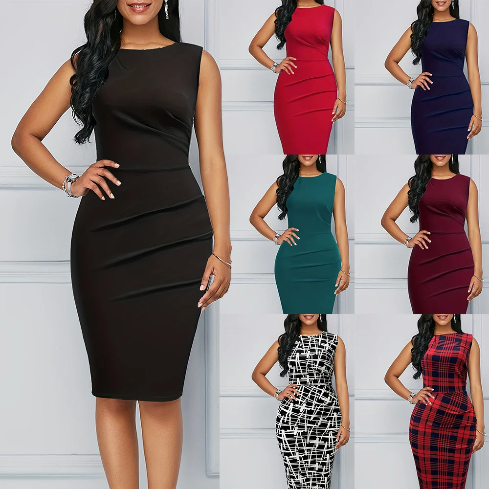 Sleeveless party dress, elegant pleated solid color light dress, wedding