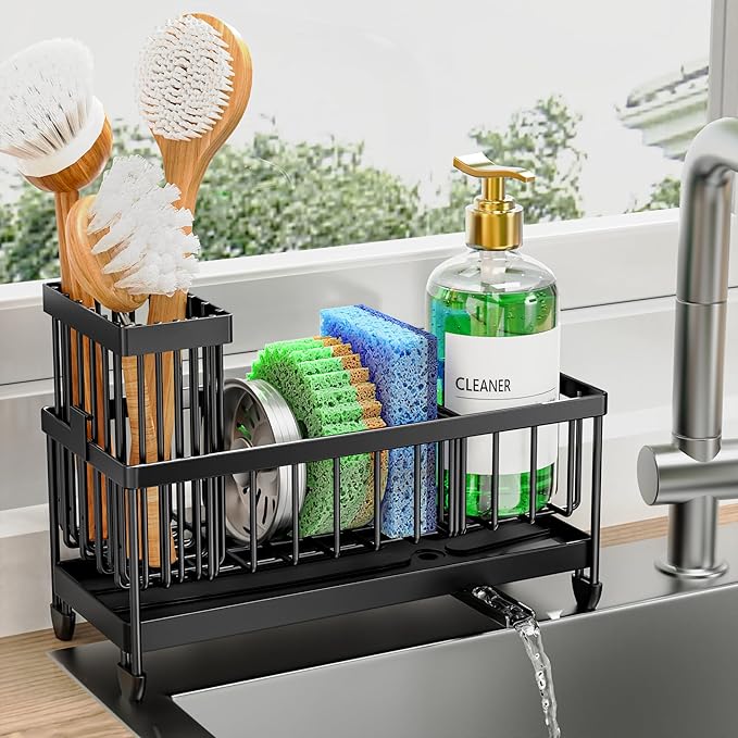 Cisily Sponge Holder for Kitchen Sink, Sink Caddy Organizer with High Brush Holder, Kitchen Countertop Organizers and Storage Essentials, Rustproof 304 Stainless Steel
