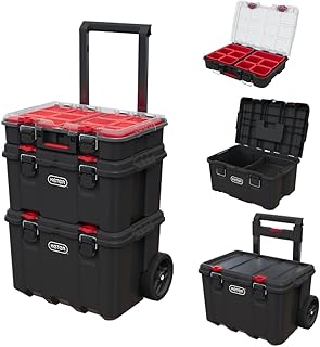 Keter Stack-n-Roll Modular Tools Organizer for Garage Storage and DIY, 3 Piece Resin Rolling Tool Box System for Small Part
