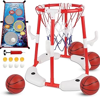 yofit 3-in-1 Pool Basketball Hoop Set, Floating Pool Toys with Rings Balls Toss Games Pump, Outdoor Summer